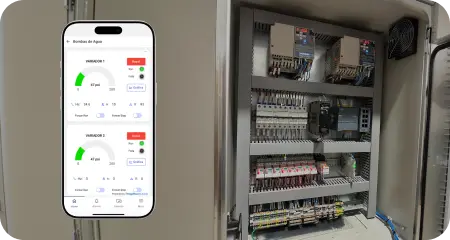 ThingsBoard mobile dashboard showing VFD telemetry and control actions