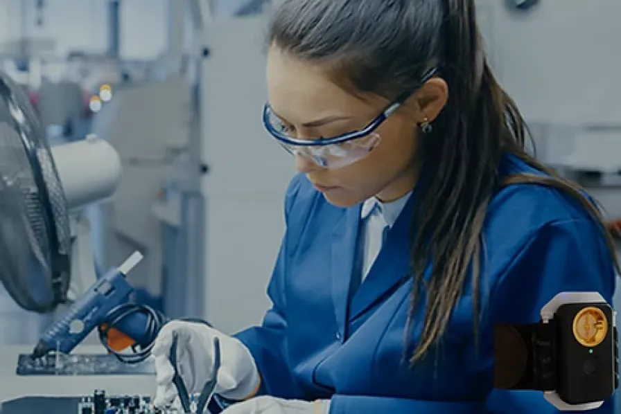 A worker in protective glasses at an IONA Tech manufacturing facility, working with electronics, showing the protection of electronics and workers through IoT transformation with ThingsBoard.