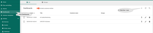 Go to the "<b>Dashboards</b>" page, click the <b>+</b> button in the upper right corner of the page.