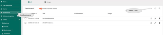 Go to the "<b>Dashboards</b>" page, click the <b>+</b> button in the upper right corner of the page.