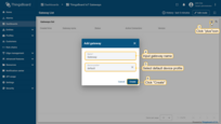 Click the "plus" icon in the upper right corner to add a new gateway. Input the gateway name, specify the "default" device profile, and click "Create";