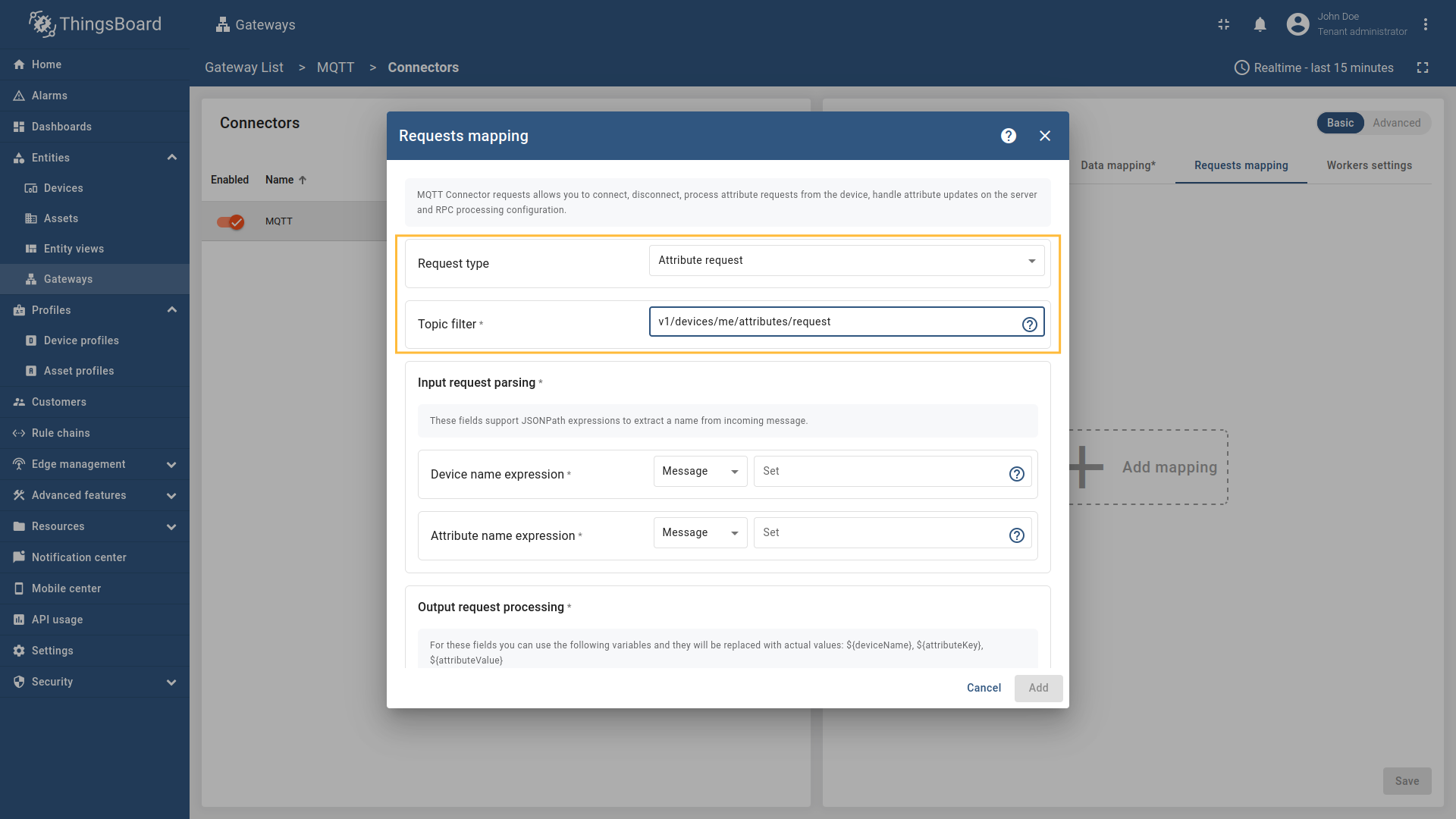 Select "Attribute request" in the Request type field, enter the "Topic filter" as `v1/devices/me/attributes/request`.