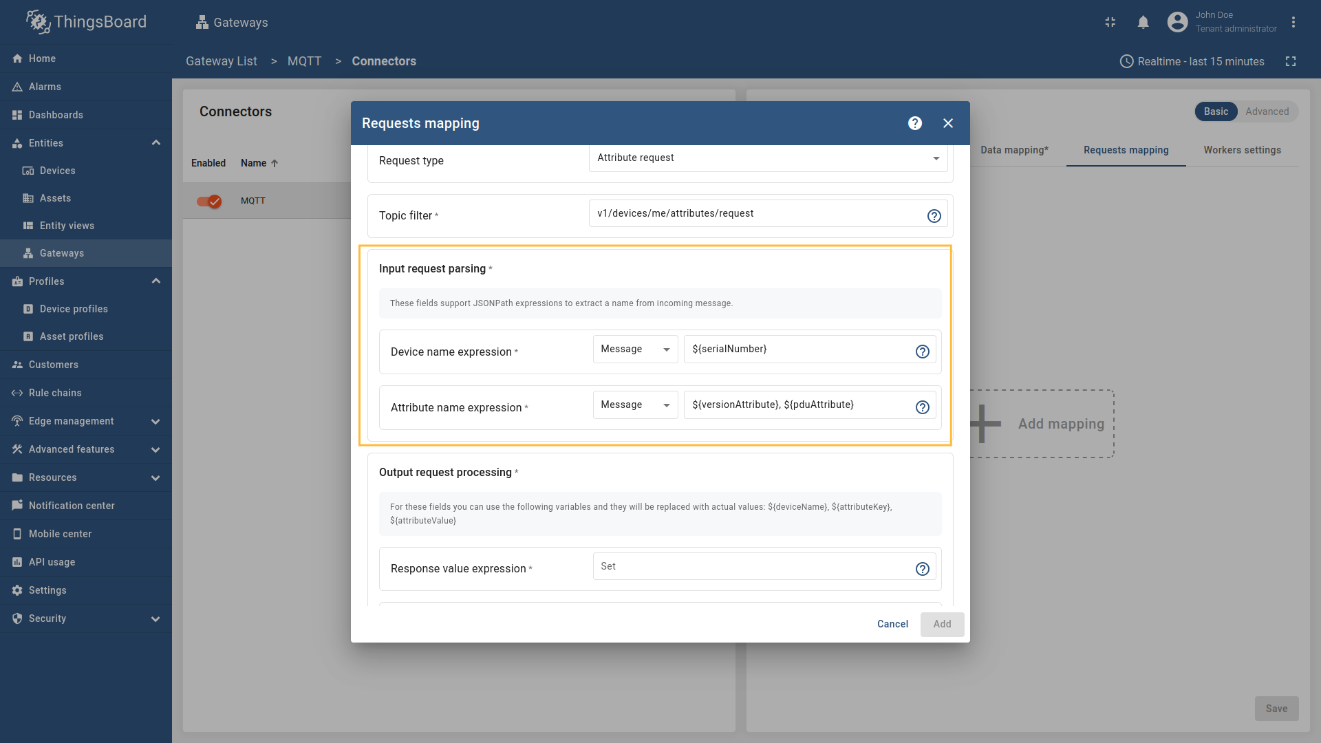 Configure the device name and attribute settings. For device name expression, select source type as `Message` and enter `${serialNumber}` as the value. For attribute name expression, select source type as `Message` and enter `${versionAttribute}, ${pduAttribute}` as the value.