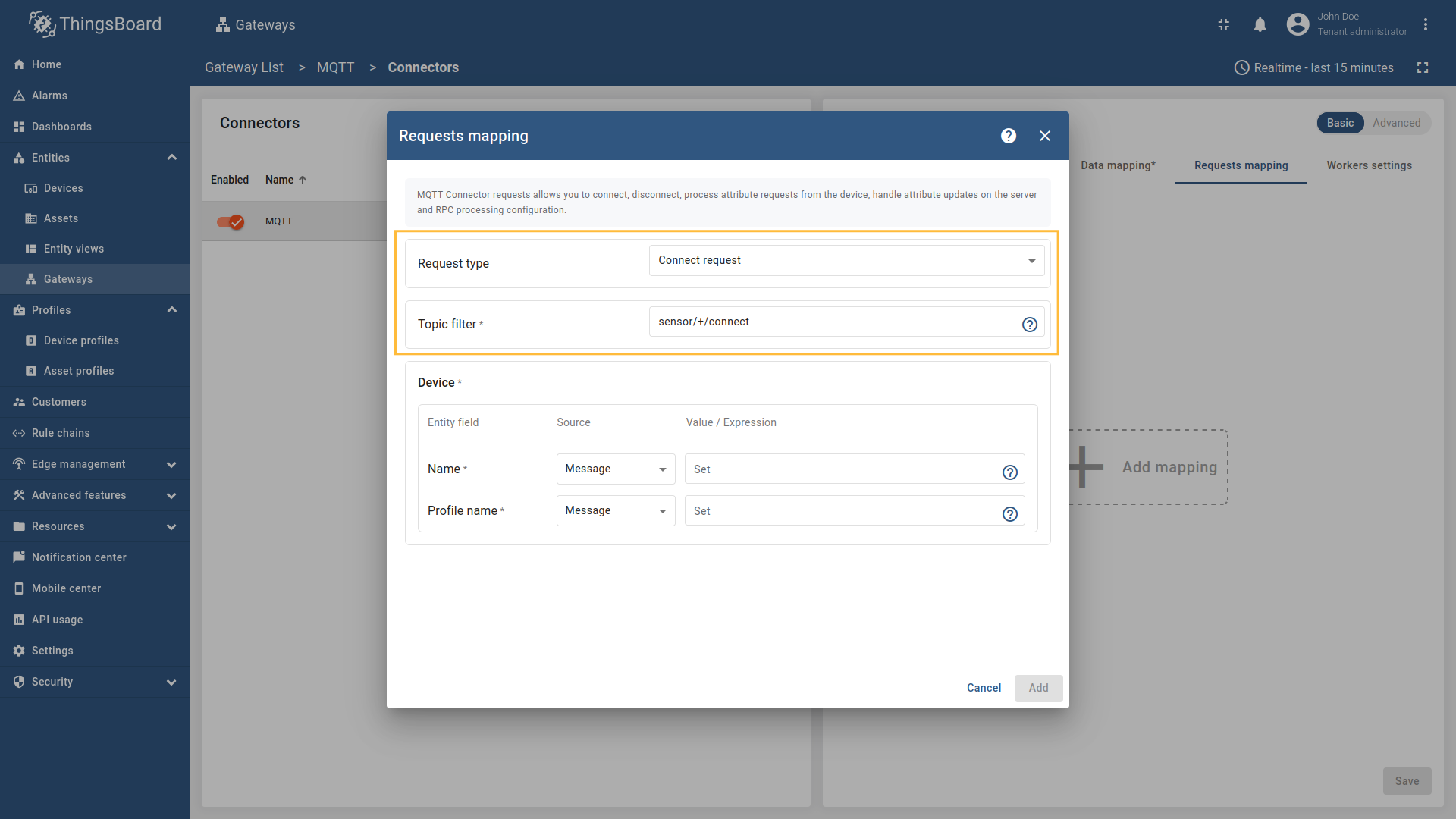 Select `Connect request` in the Request type field then fill the "Topic filter" with `sensor/+/connect`.