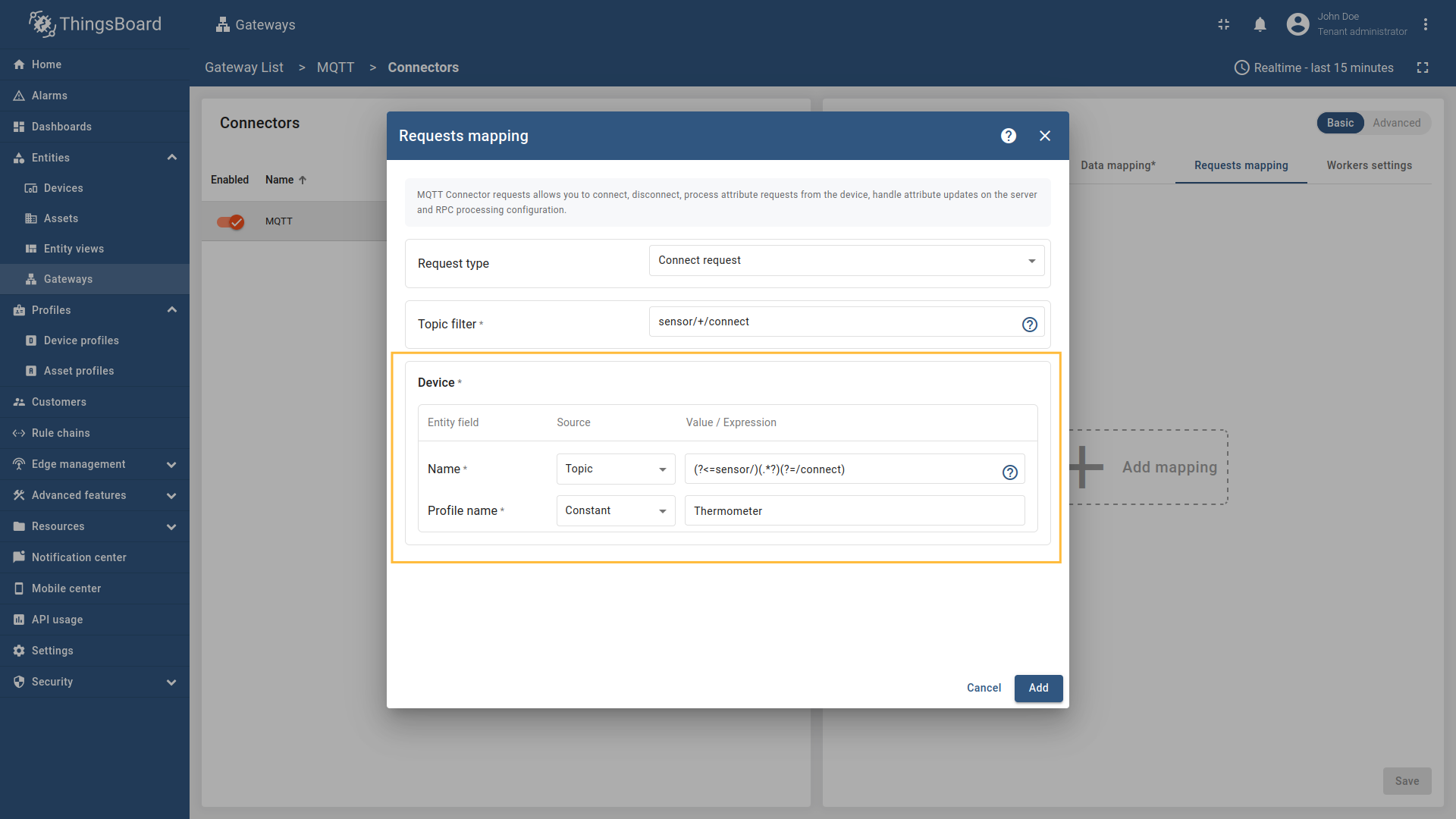 Select Name - source `Topic` and Profile name - source `Constant`. In Value, enter `(?<=sensor/)(.?)(?=/connect)` for the device name and `Thermometer` for the device profile.