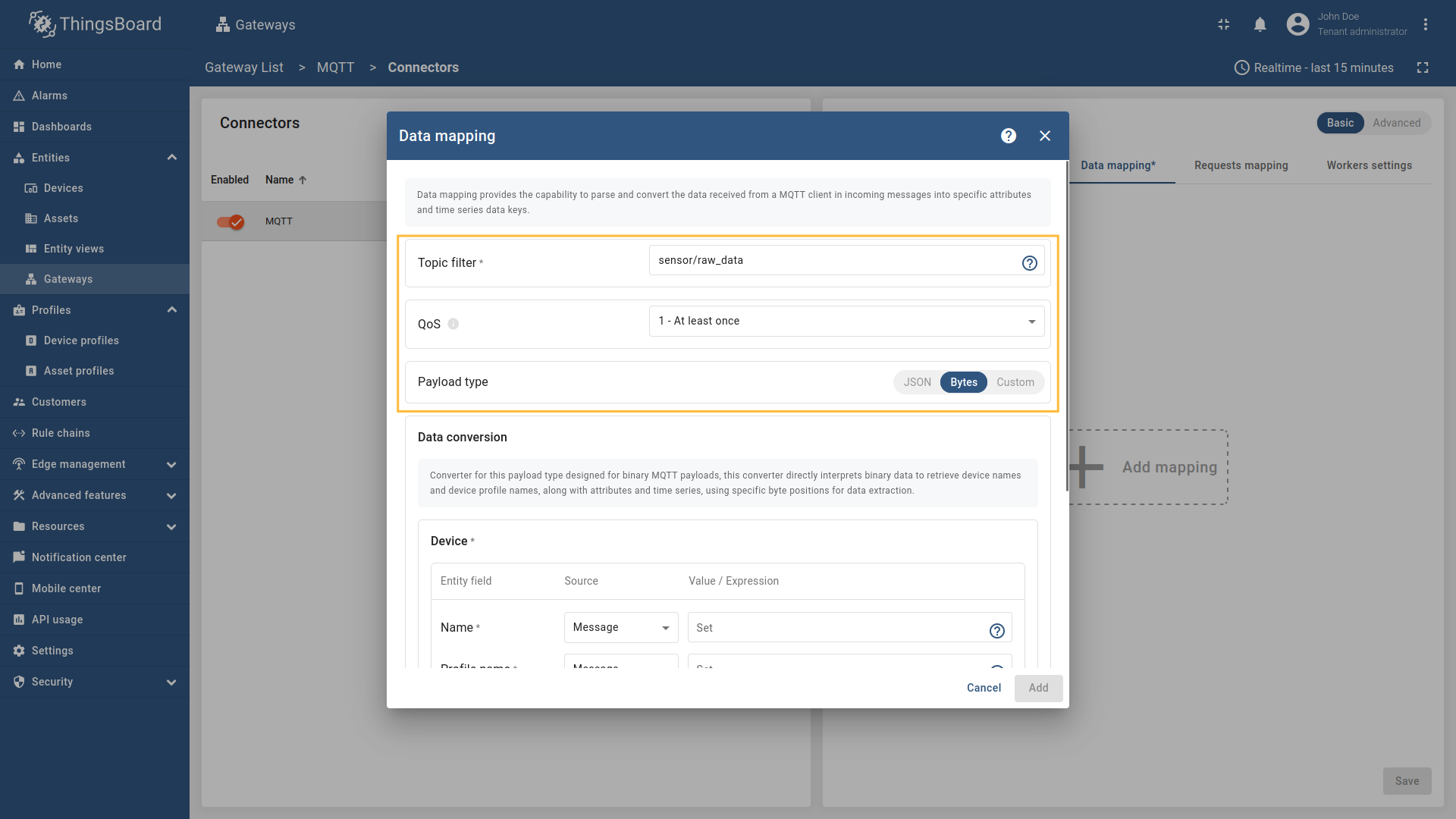 In the opened window, fill in "Topic filter" field with `sensor/raw_data`, also fill "QoS" with one of these values(`0`,`1`,`2`) and for "Payload type" select `Bytes`.
