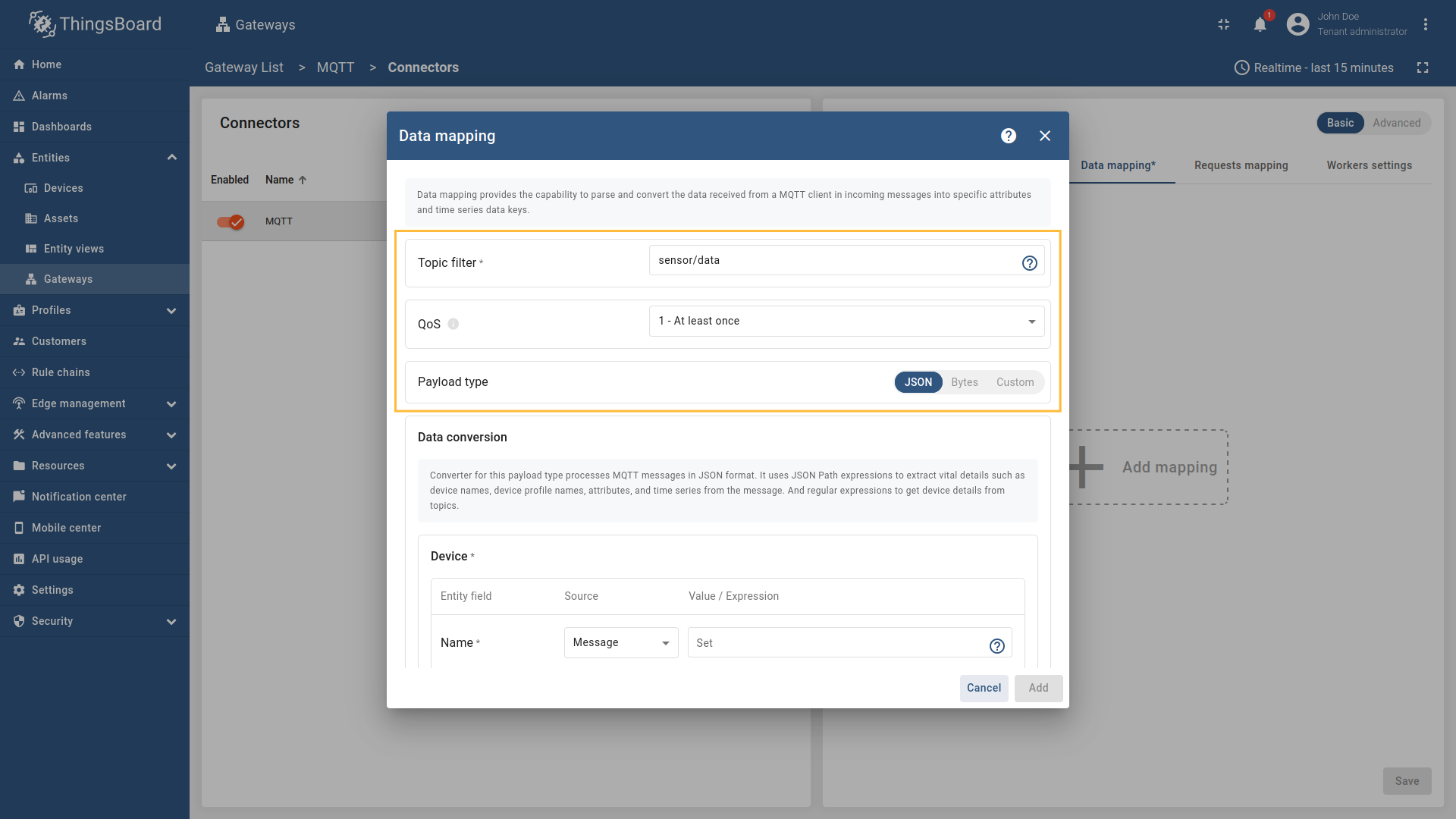 In the opened window, fill in "Topic filter" field with `sensor/data`, also fill "QoS" with one of these values(`0`,`1`,`2`) and for "Payload type" select `JSON`.