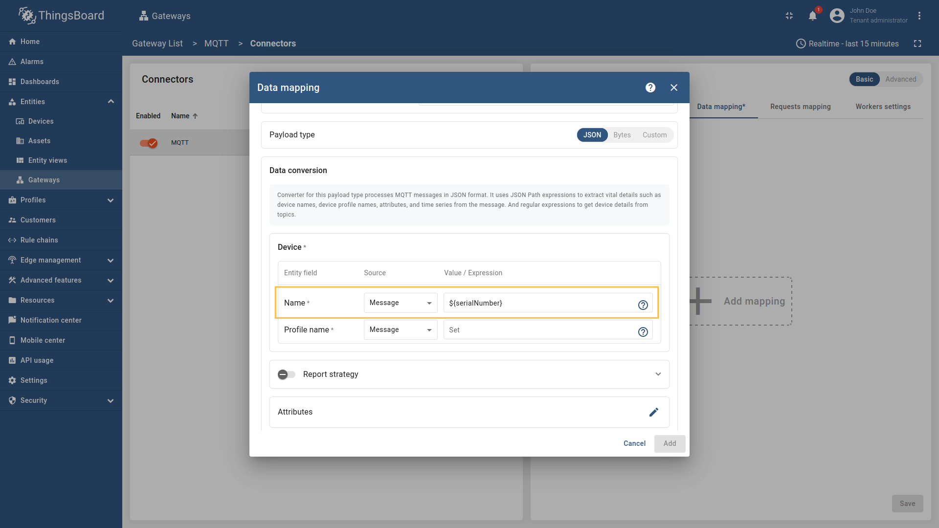 Then under "Device" subsection choose "Message" for the "Name" field, enter `${serialNumber}`, this is the [json path](/docs/iot-gateway/config/mqtt/#json-path) to the field that contains the device name.
