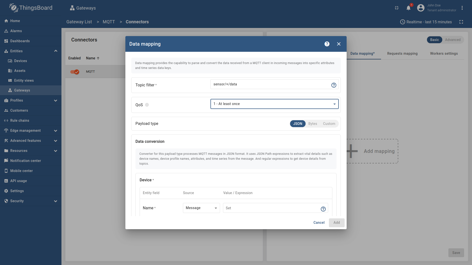 In the opened window, fill in "Topic filter" field with `sensor/+/data`, also fill "QoS" with one of these values(`0`,`1`,`2`) and for "Payload type" select `JSON`.