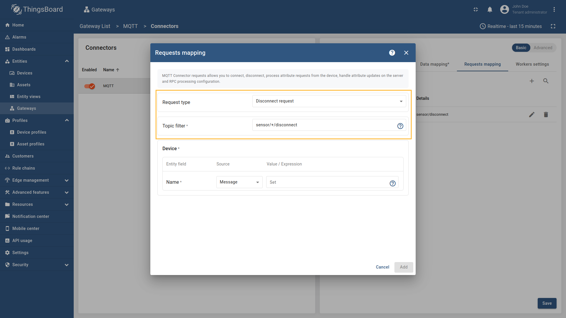 Select "Disconnect request" in the Request type field then fill the "Topic filter" with `sensor/+/disconnect`.