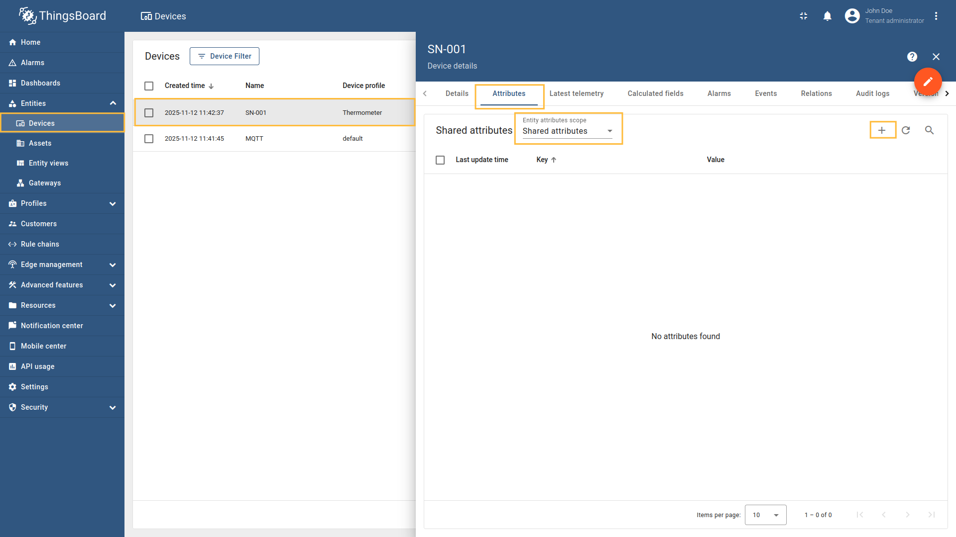 Go to "Devices" - select device `SN-001` - "Attributes" tab - select "Shared attributes"