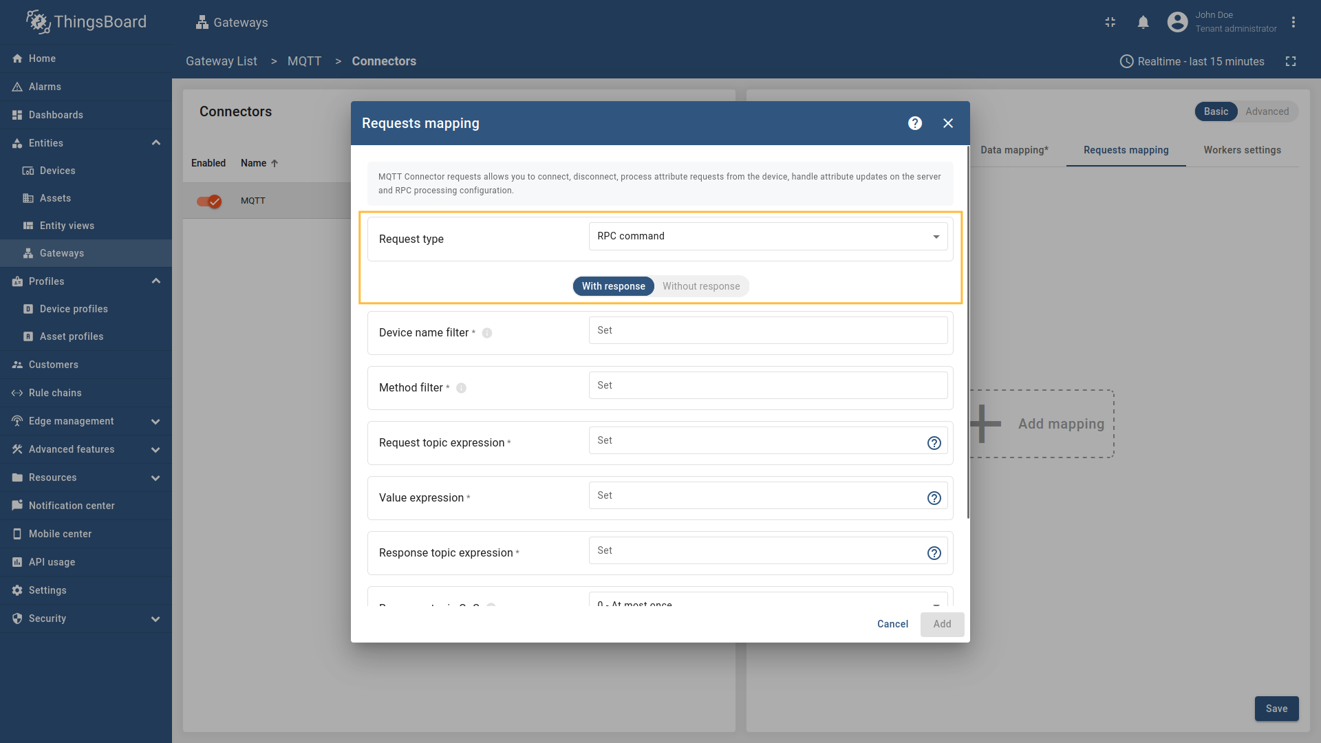 Select "RPC command" in the Request type field. For two-way RPC (with response).