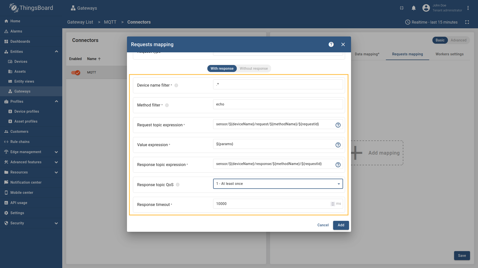 Configure the Device name filter as `.` to apply to all devices, set the Method filter to `echo`, the Request topic expression to `sensor/${deviceName}/request/${methodName}/${requestId}`, the Value expression to `${params}`, the Response topic expression to `sensor/${deviceName}/response/${methodName}/${requestId}`, and set an appropriate Response timeout (e.g., 10000 ms).