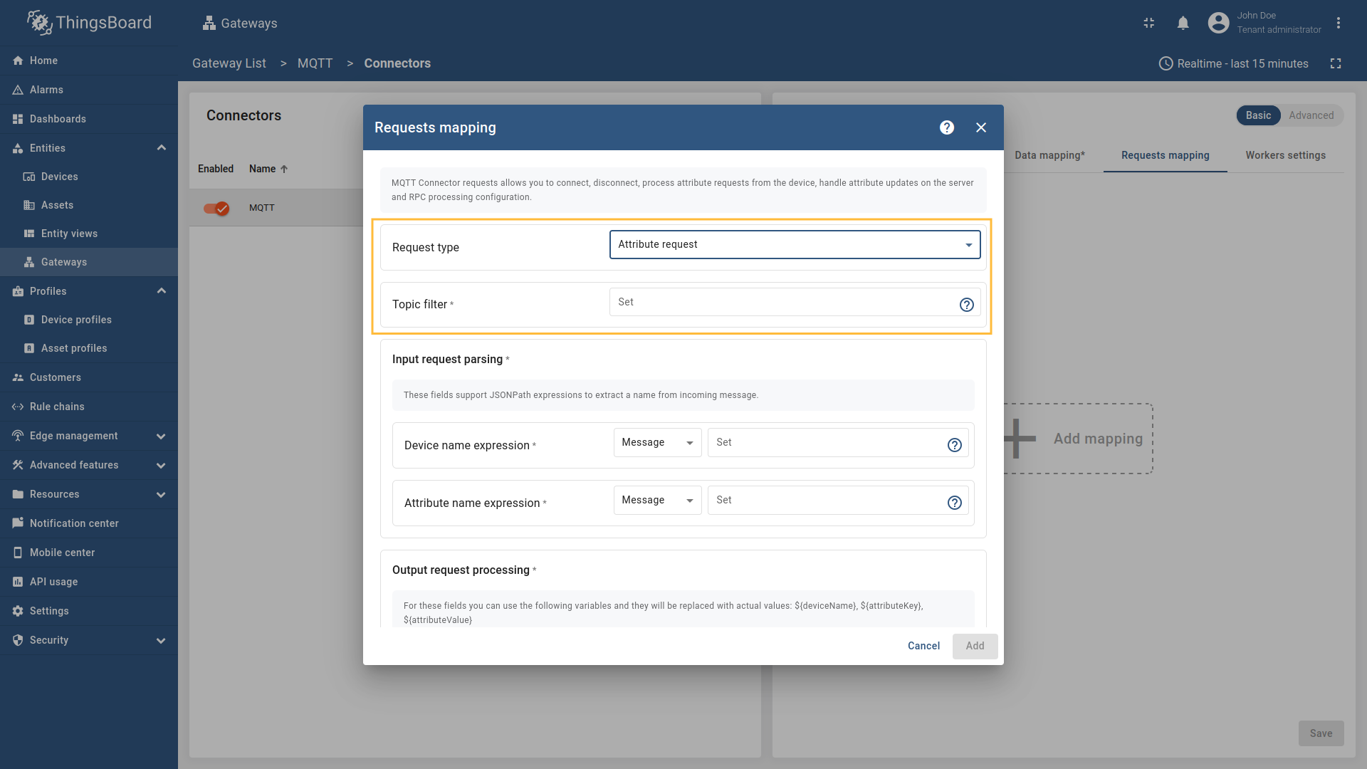 Select "Attribute request" in the Request type field, enter the "Topic filter"