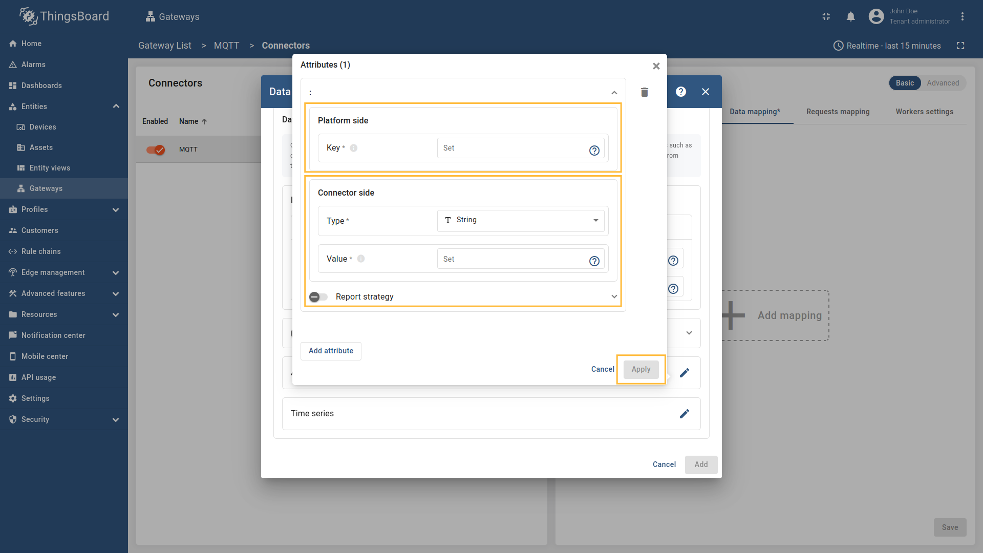 Enter the "Key" field, select the "Type" (It could be one of the following `string`, `boolean`, `integer`, `double` or `Raw` if the Payload type `Bytes`.), enter "Value" and click "Apply" button;