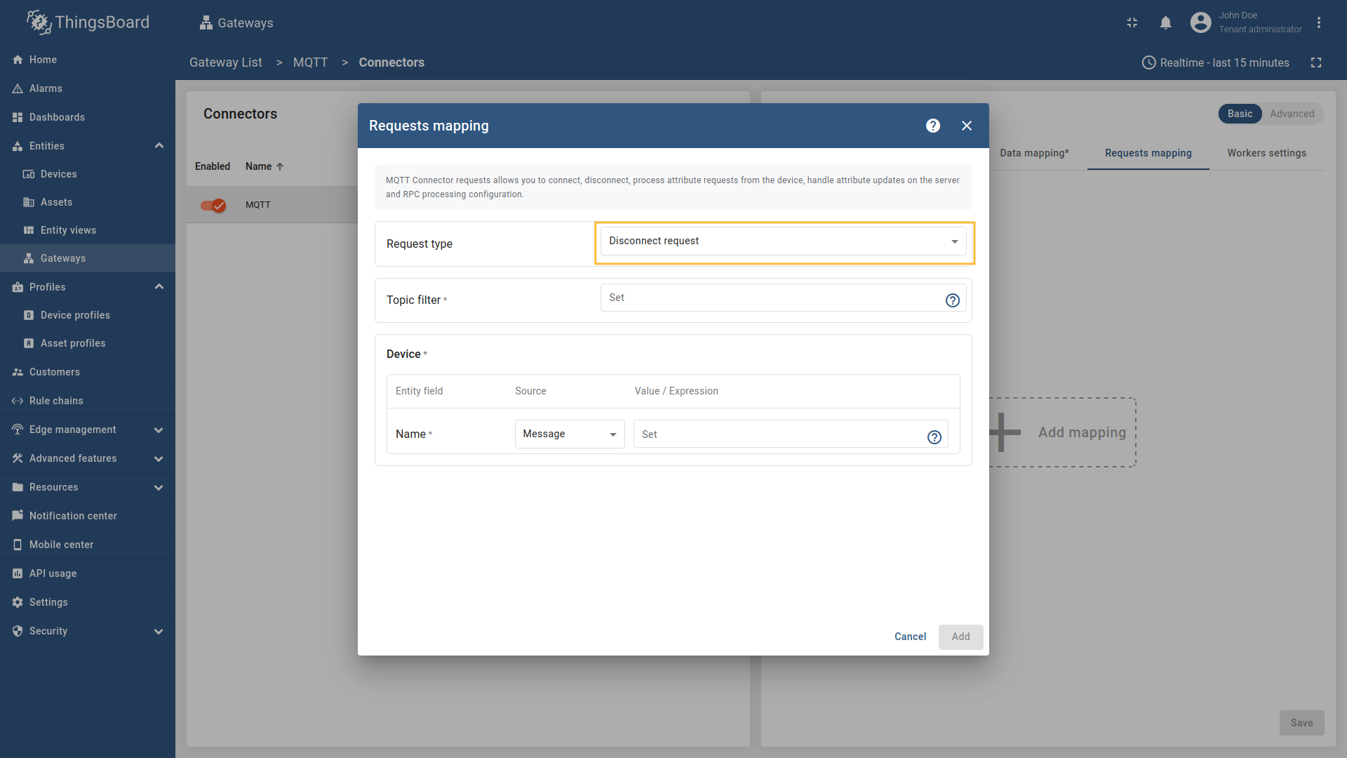 Select "Disconnect request" in the Request type field, enter the "Topic filter", and select source 
type for Name field (`Message`, `Topic`, or `Constant`). Enter the corresponding 
value which can be [json path](/docs/iot-gateway/config/mqtt/#json-path), [regex](/docs/iot-gateway/config/mqtt/#regular-expressions), or constant value based on the selected source type.