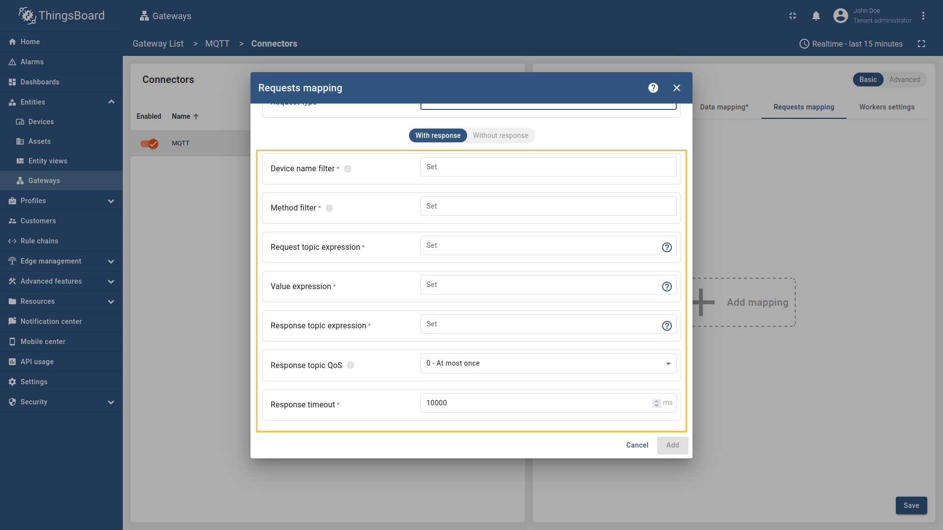 Since Two way RPC expects response from a topic, we also need to specify Response topic expression, Response topic Qos, Response timeout.
