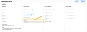 Once the <b>Valkey cluster</b> switches to the "<b>Available" state</b>, navigate to the "<b>Details</b>" section and copy the "<b>Endpoint</b>" field <b>without the ":6379" port suffix</b> – this is the <b>Valkey endpoint</b> for ThingsBoard.