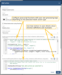 Configure java-script functions with your own processing logic depending on the selected mobile action type.<br>Use help buttons to open details about function definitions and examples.