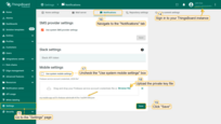 Sign in to your ThingsBoard instance and open the "Settings" page. Navigate to the “Notifications” tab, and in the "Mobile settings" section, uncheck the "Use system mobile settings" box (if you log in as a tenant). Here, upload the private key file you generated in Firebase project and click "Save" to finalize the configuration.