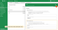 The JWT claim "pub_rules" restricts publish access to "devices/./data", while claim "sub_rules" expands subscribe access to include "alerts/.".