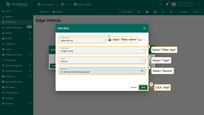 Input Alias name "edge device". Select Filter type "Single entity", type "Device", and Device <b>"In-vehicle monitoring system"</b>. Then click on the "Add" button.