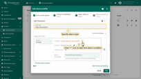 1. Specify alarm type. For e.g., <b>High temperature</b>. 2. Click on the <b>("+")</b> icon to add new alarm condition.