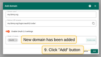 The OAuth0 client has been successfully added. Click "Add" again to confirm the addition of the domain.