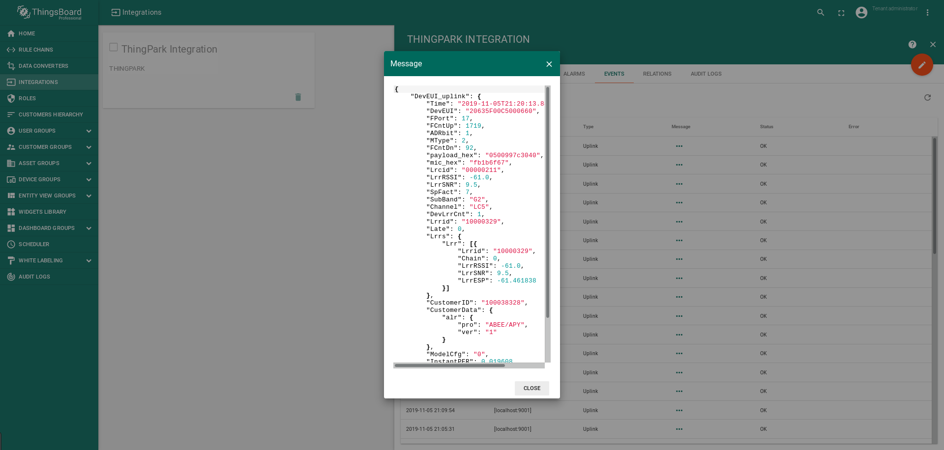 Integration events dialog