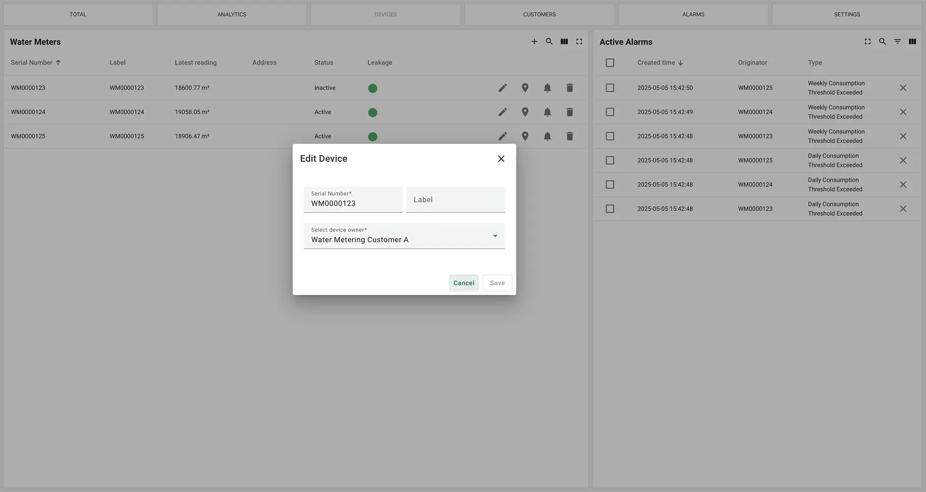 ThingsBoard interface for editing smart water meter device details with active alerts and status overview