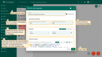 Name it "Indoor air quality data emulator". Set the number of messages to send to 100 and the sending period to 600. Specify the device "SD-001" (Indoor Air Quality Sensor) as originator. Copy the script from the documentation and paste it into the generation function section to simulate telemetry data for temperature, humidity, and CO2. Click "Add".