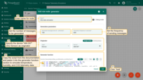 Name it "IAQ data emulator". Set the number of messages to send to 100 and the sending period to 600. Specify the device "AM-307" (IAQ Sensor) as originator. Copy the script from the documentation and paste it into the generation function section to simulate water consumption, and battery voltage telemetry data. Click "Add."