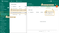 Go to the <b>Device profiles</b> page in the <b>Profiles</b> section.<br>Click <b>air-sensor</b> to open its details, and navigate to the <b>Alarm rules</b> tab.<br>Click the "<b>+</b>" button, and select <b>Create new alarm rule</b>.