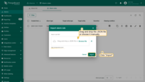 In the import dialog, drag and drop the JSON file or choose it manually. Click <b>Import</b> to upload the configuration.