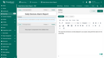 Enter the following text (or your preferred description) into the component, for example: "This report provides an overview of all customer devices, their latest telemetry, status, and a list of alarms triggered today.".<br> Once you've added the text, click "<b>Apply</b>" to apply the changes.
