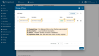 In the API keys table, each key displays its creation time, description, status, and expiration date.