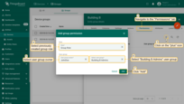 Navigate to the "Permissions" tab in the entity group details and click on the "plus" icon. Specify the created role, user group owner, and select the user group to which you are granting access to the device group "Building A". Click "Add";