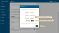 Once turned on, the codes will be available on the screen. The user can download them (txt) or print them. Each backup code can be used once;