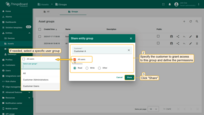 Select the <b>target customer</b> from the dropdown list. (Optional) Specify the <b>user group</b> within that customer to share the asset group with. Confirm the action by clicking "<b>Share</b>".