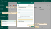 Fill in the user form: provide the user's email address (used as the login username); <b>Optional fields</b>: enter additional details such as <b>first name</b>, <b>last name</b>, and <b>phone number</b>. (Optional) Configure <b>activation method</b>: choose either <b>Display activation link</b> or <b>Send activation email</b>. <br>(Optional) Change ownership and assign permissions.