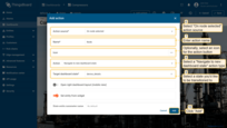 Select "On node selected" action source. Input a name for the action. Optionally, select an icon. Select a "Navigate to new dashboard state" action type from the "Action" drop-down menu. After choosing an action type, the "Target dashboard state" drop-down menu appears. Select a previously created state you'd like to be transitioned to. When the desired state has been selected, click the "Add" button;