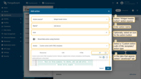 As an example for this manual, select "Widget header button" action source. Input a name for the action and select an icon that will represent an action button. With this icon, action will be performed. Select a "Custom action (with HTML template)" action type from the "Action" drop-down menu. In the tabs that appear, select "JavaScript" tab;