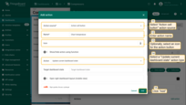 Select the "Action cell button" action source. Input a name for the action and select an icon that will represent a button. With this icon, action will be performed. Select an "Update current dashboard state" action type from the "Action" drop-down menu. Then, click the "Add" button;