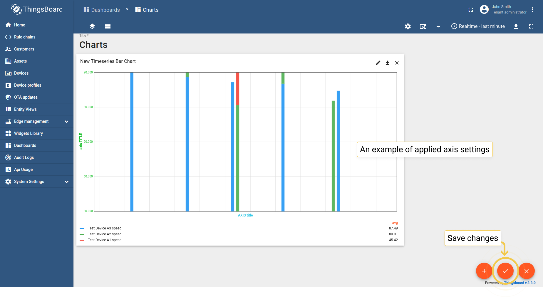 As you see, titles have been added, colors of axis have been changed and values have been adjusted according to the applied changes. To save these changes, click the orange checkmark in the lower corner of the screen.