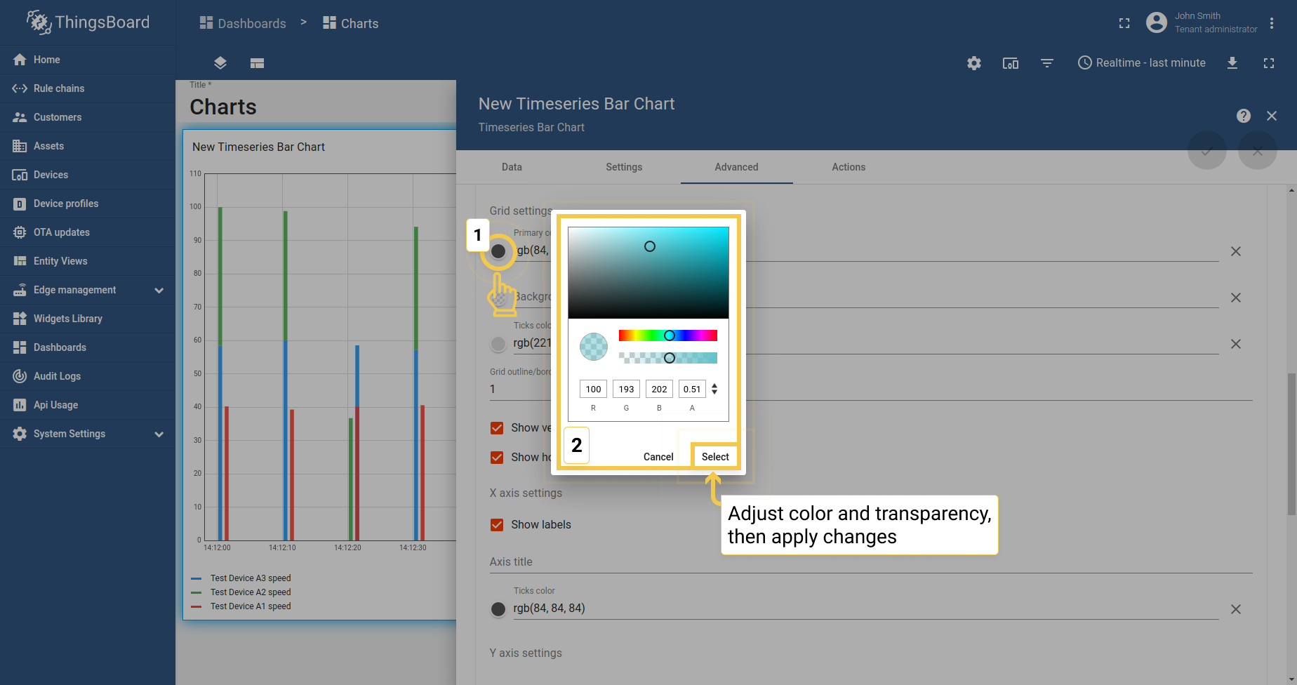 In Advanced tab, go to the Grid settings and click on the icon of Primary color circle. In the opened dialog box, move sliders to adjust color and transparency. Click "Select" when you finished, to apply changes.