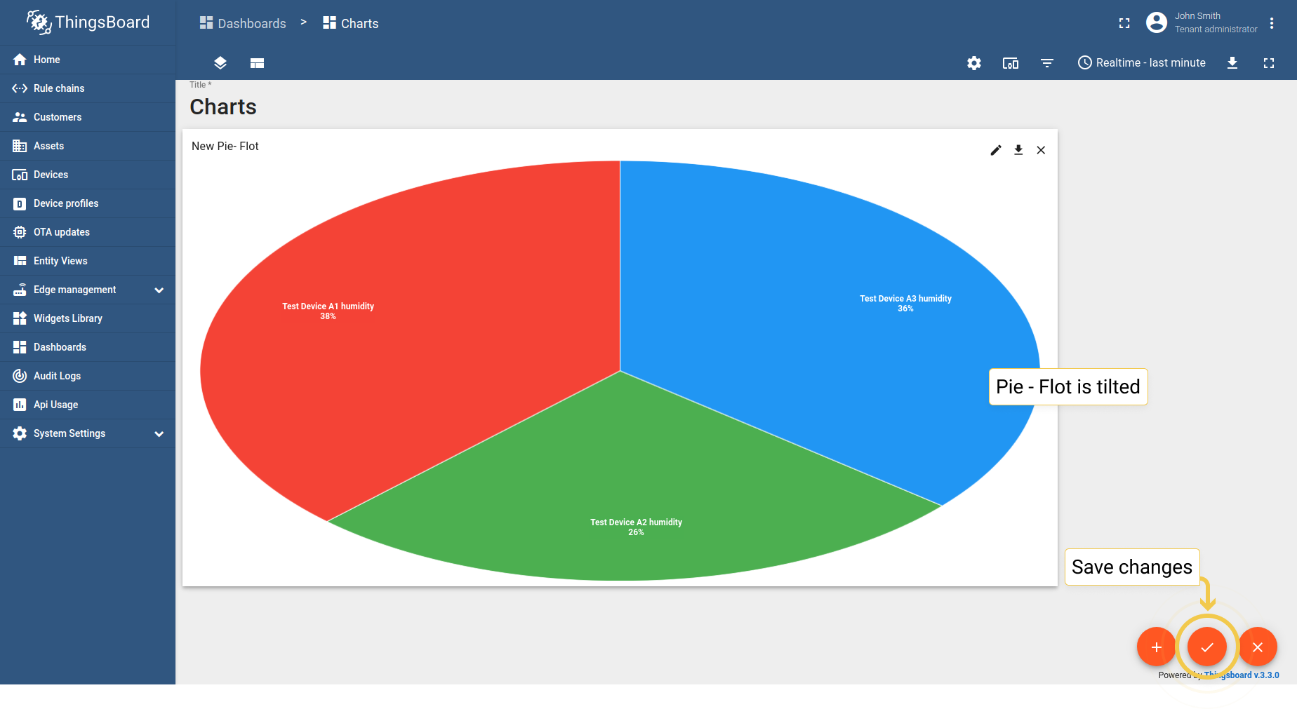As you can see, the Pie - Flot has been tilted. Save changes by clicking the big orange checkmark in the lower right of the page.