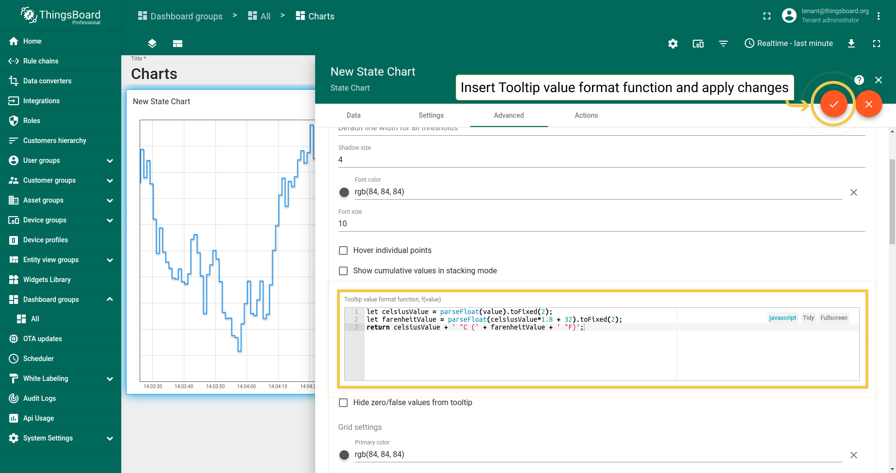 In the Tooltip value format function field, enter your function (our example you can find under screenshots section). Apply changes by clicking the orange checkmark in the upper right corner of the window.